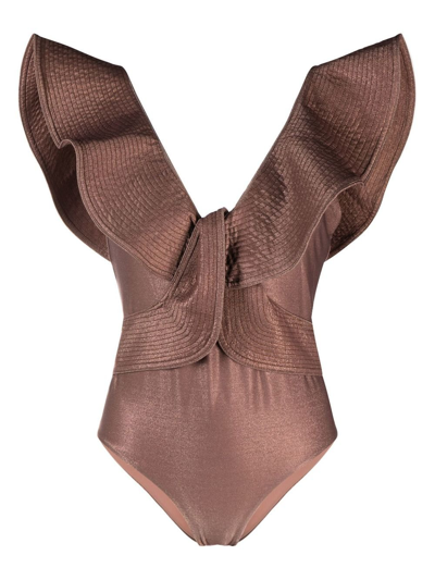 【JOHANNA ORTIZ】golden beaches ruffled llic swimsuit Johanna Ortiz Golden Beaches Ruffled Metallic Swimsuit In