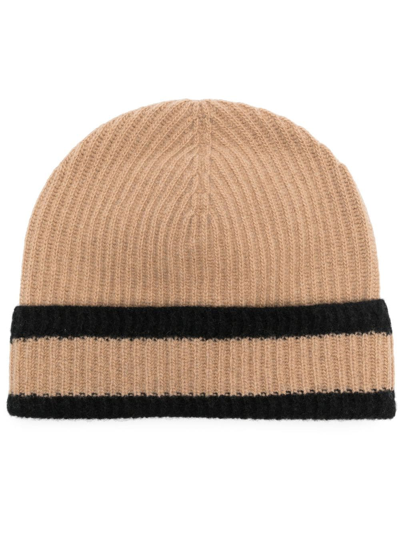Johnstons Of Elgin Stripped Ribbed Wool And Recycled Cashmere-blend Beanie In Camel/black