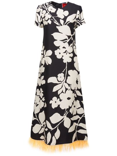 La Doublej Floral-print Silk Swing Dress With Feather Trim In Winter Jasmine
