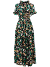 La Doublej Long And Sassy Printed Ruffle-trim Silk Maxi Dress In Black