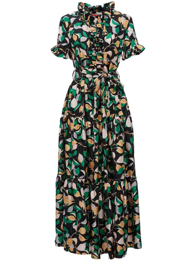 La Doublej Long And Sassy Printed Ruffle-trim Silk Maxi Dress In Patterned Green