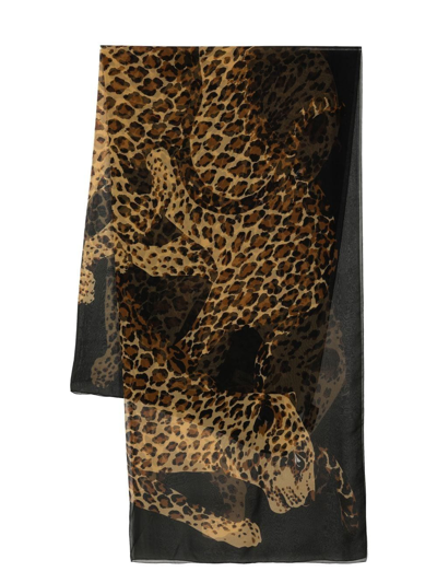 Pre-owned Saint Laurent Leopard Print Silk Scarf In Black