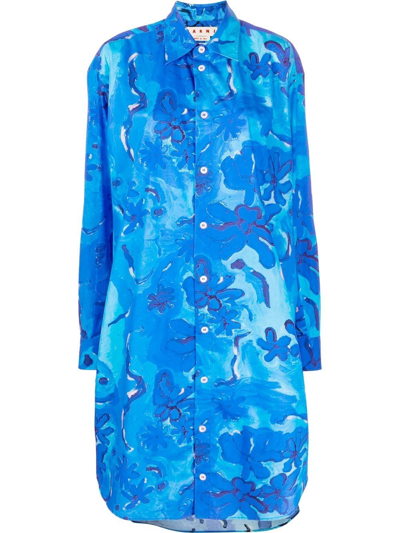 Marni Floral Pattern Shirt Dress In Blue