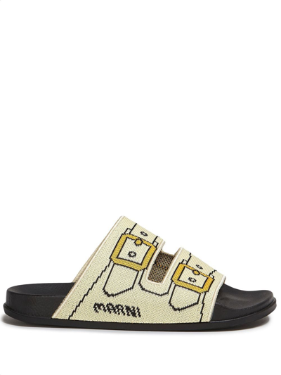 Marni Buckle-print Double-strap Slides In Neutrals