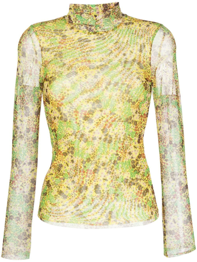 Ted Baker Lennix Mesh Floral Mock Neck Long Sleeve Top In Yellow
