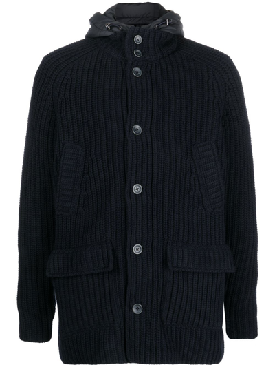 Herno Ribbed-knit Hooded Coat In Blue