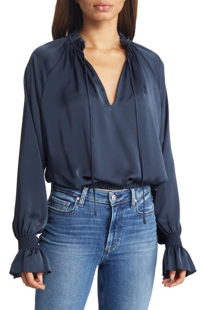 Ramy Brook Bethany Long Sleeve Satin Blouse In Navy