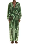 Johanna Ortiz Del Rio Tropical Print Long Sleeve Georgette Maxi Dress In Black/ Green/ Mystique Green