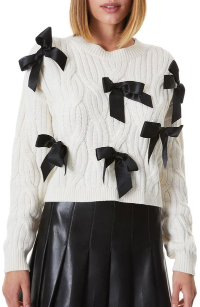 Alice And Olivia Beau Relaxed Fit Bow Detail Cable Sweater In Black