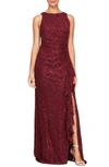 Alex Evenings Sequin Lace Cascading Ruffle Gown In Wine