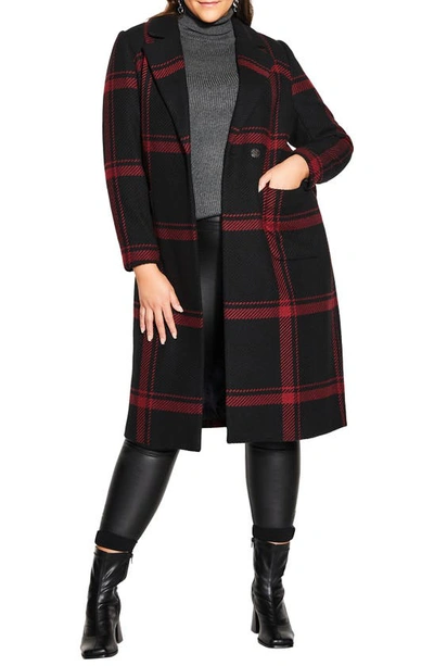 City Chic Trendy Plus Size Checkmate Coat In Ruby/black