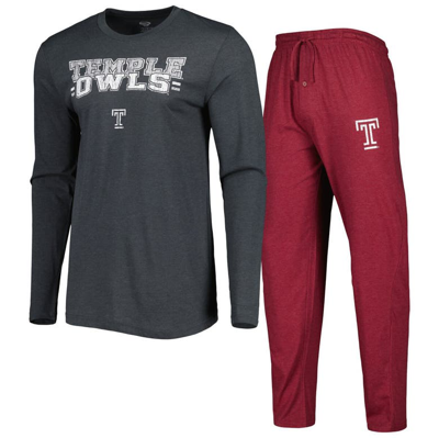 Concepts Sport Cherry/charcoal Temple Owls Meter Long Sleeve T-shirt & Pants Sleep Set In Maroon