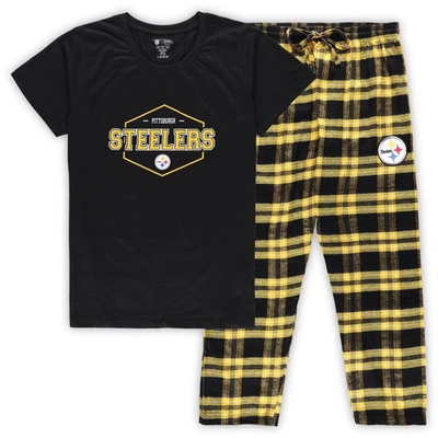 Concepts Sport Women's  Black, Gold Pittsburgh Steelers Plus Size Badge T-shirt And Trousers Sleep Set In Black,gold