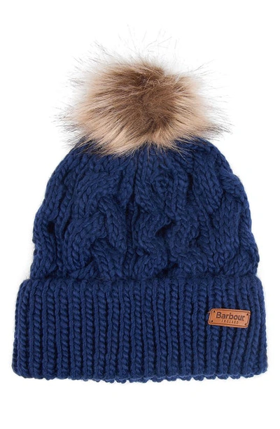 Barbour Penshaw Faux Fur Pom Beanie In Navy