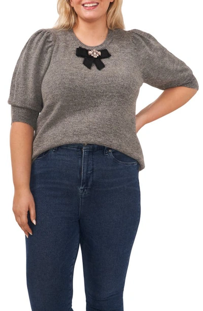 Cece Crystal Bow Puff Sleeve Sweater In Smoke Grey