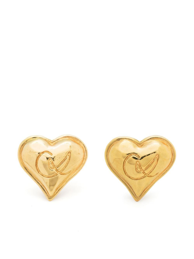 Pre-owned Christian Lacroix Logo-engraved Heart Clip-on Earrings In Gold