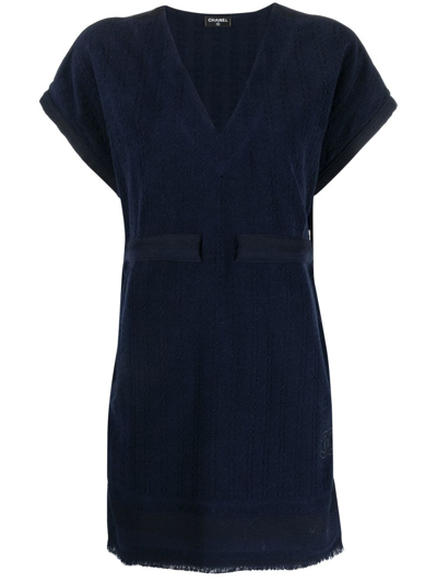 Pre-owned Chanel Frayed Detailing Cap-sleeved Dress In Blue