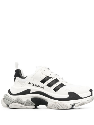 Balenciaga + Adidas Triple S Embroidered Leather And Mesh Sneakers In White