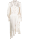 Zimmermann Balloon-sleeve Silk-satin Wrap Midi Dress In Neutrals