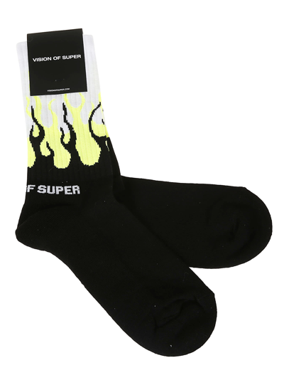 Vision Of Super Kids' Black Yellow Fluo Double Flames Socks