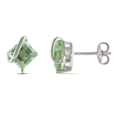 Amour Green Amethyst Stud Earrings In Sterling Silver In White