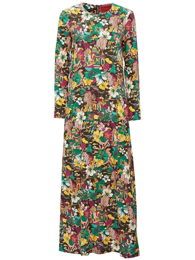 La Doublej Swing Floral-print Dress In Brown