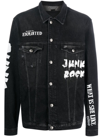 John Richmond Punk Rock Printed Denim Jacket In Black