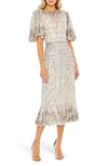 Mac Duggal Sequin Flounce Sleeve Midi Dress In Nude Silver In Neutral