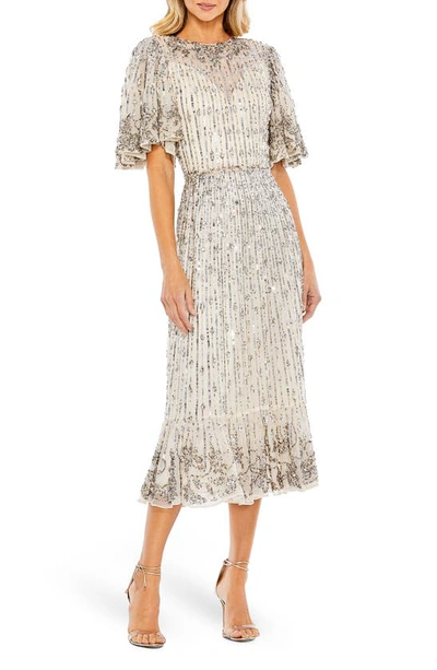 Mac Duggal Sequin Flounce Sleeve Cocktail Dress In Silver