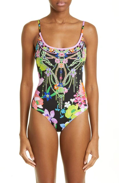 Camilla Crystal Embellished Floral Scoop Neck One-piece Swimsuit In Black