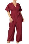 Kiyonna Charisma Faux Wrap Crepe Jumpsuit In Burgundy