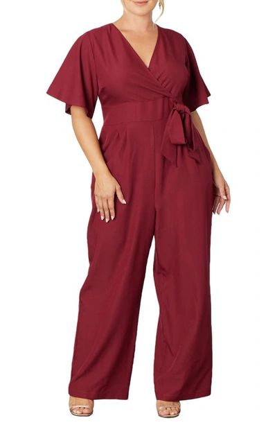 Kiyonna Charisma Faux Wrap Crepe Jumpsuit In Burgundy