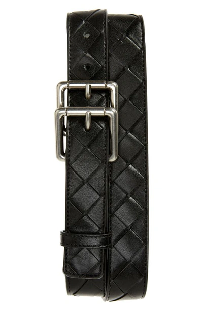 Bottega Veneta Double Buckle Intrecciato Leather Belt In Black