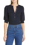 Veronica Beard Coralee Puff-sleeve Henley Sweater In Navy