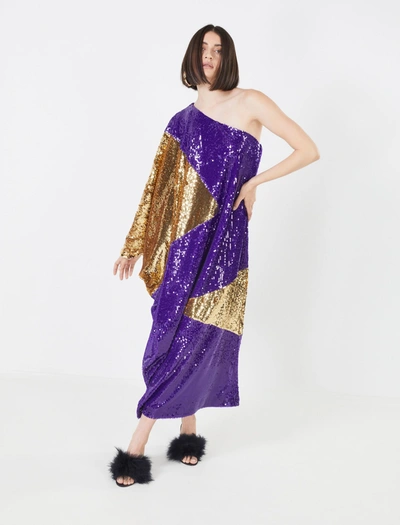 Bcbgmaxazria Marcello One Shoulder Sequin Evening Dress In Violet/gold Combo