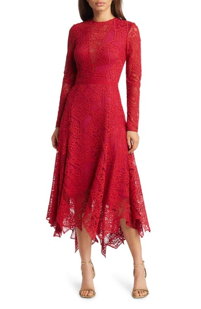 Tadashi Shoji Lace Handkerchief Midi Dress In Lava Red