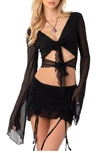 Edikted Indigo Tie Front Mesh Crop Top In Black
