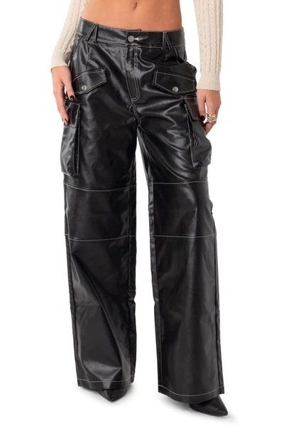 Edikted Faye Faux Leather Cargo Trousers In Black