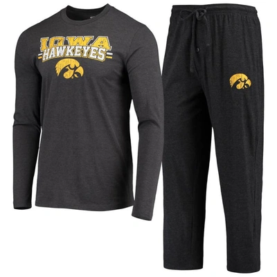 Concepts Sport Men's  Black And Heathered Charcoal Iowa Hawkeyes Meter Long Sleeve T-shirt And Pants In Black,charcoal