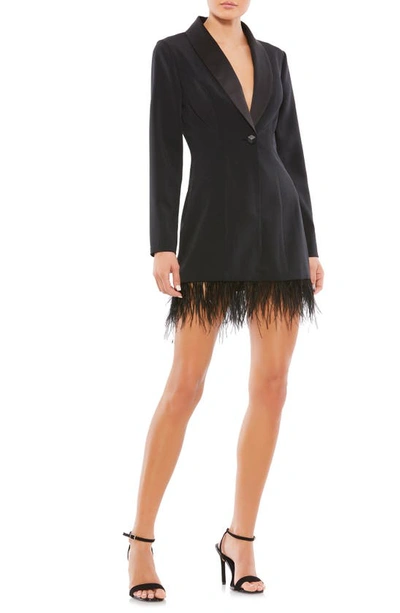 Mac Duggal Feather Trim Long Sleeve Tuxedo Cocktail Dress In Black