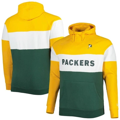 New Era Gold/green Green Bay Packers Big & Tall Throwback Colourblock Fleece Raglan Pullover Hoodie