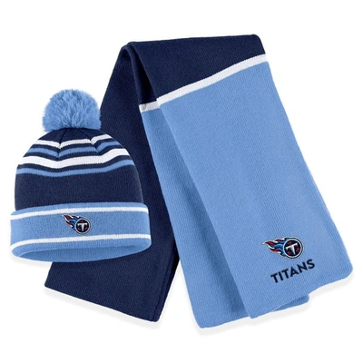 WEAR BY ERIN ANDREWS WEAR BY ERIN ANDREWS NAVY TENNESSEE TITANS COLORBLOCK CUFFED KNIT HAT WITH POM AND SCARF SET