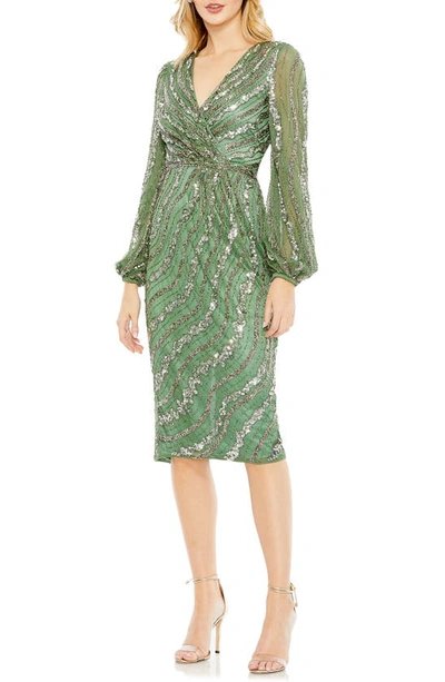 Mac Duggal Sequin Stripe Long Sleeve Cocktail Dress In Sage