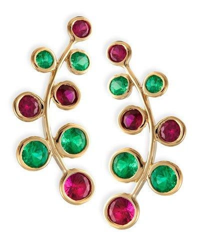 Rina Limor 18k Yellow Gold Vine Earrings With Rubies & Emeralds