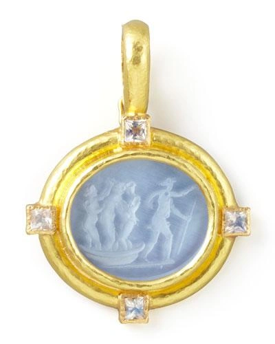 Elizabeth Locke Goddess On Boat Intaglio 19k Gold Pendant, Cerulean