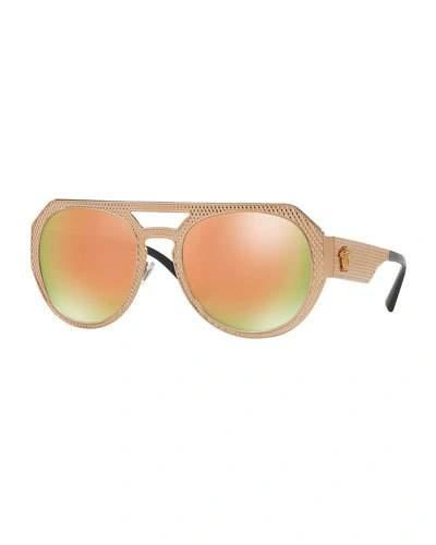Versace Embossed Metal Mirrored Iridescent Aviator Sunglasses, Rose Gold