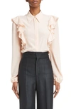 Chloé Crepe Button-down Blouse With Shoulder Ruffles In Pansy Pink