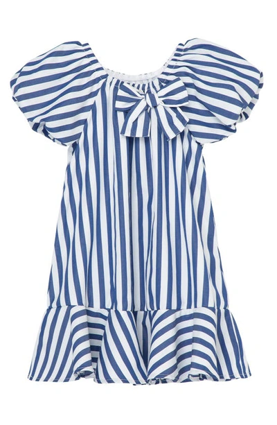 Habitual Kids' Girl's Striped Bubble Sleeve Dress With Bow In Blue