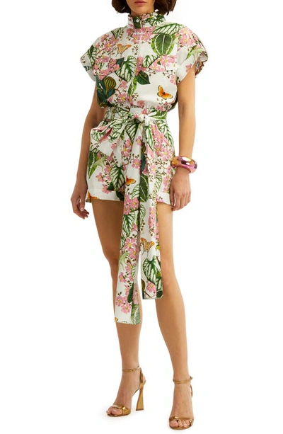 Oscar De La Renta Mixed Botanical-print Belted Cotton Romper In Ivory Multi