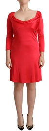 John Galliano Red Viscose 3/4 Sleeves Deep Round Neck Sheath Dress In Red